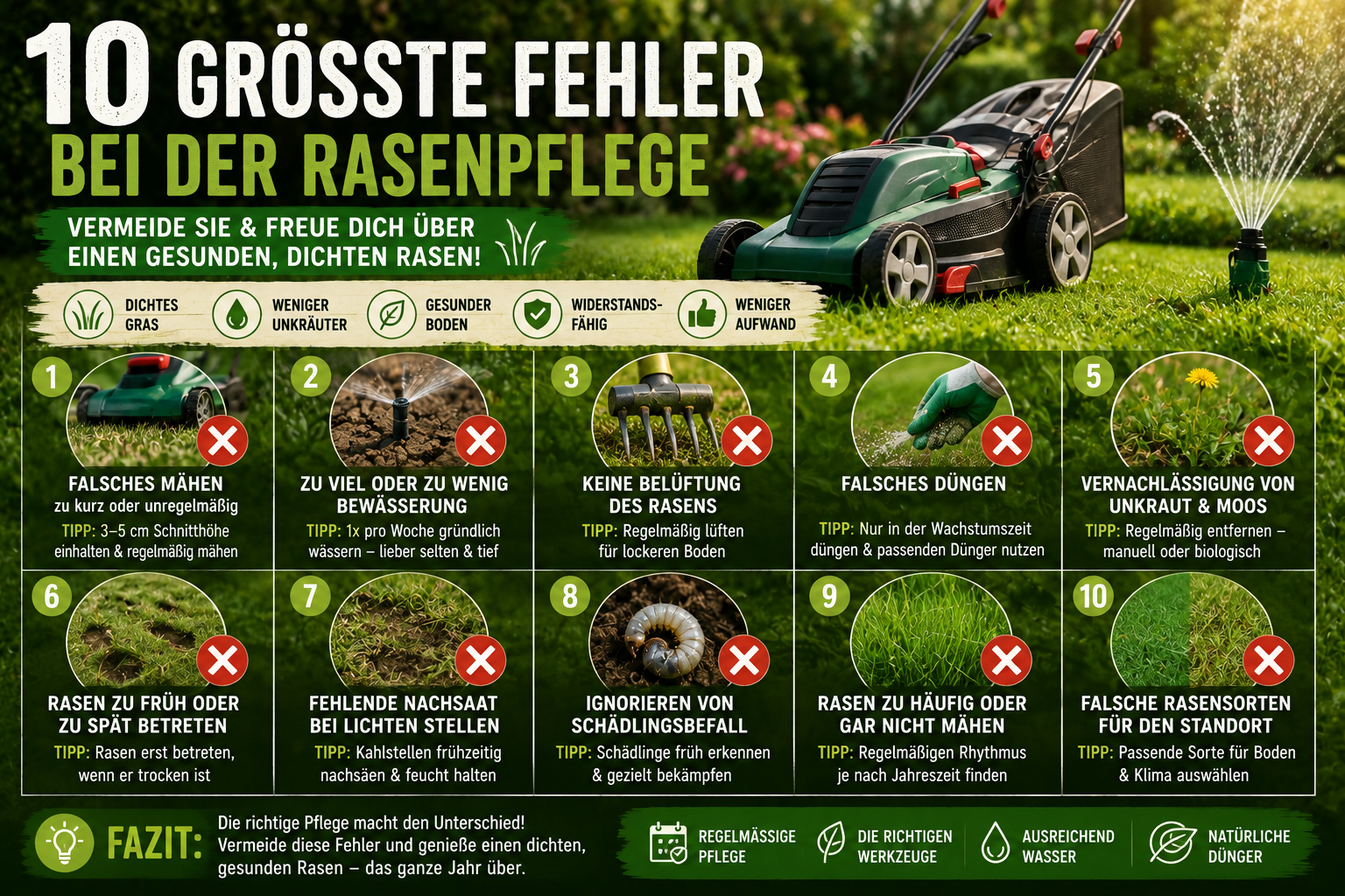 Die 10 größten Fehler bei der Rasenpflege – So verhinderst du sie!