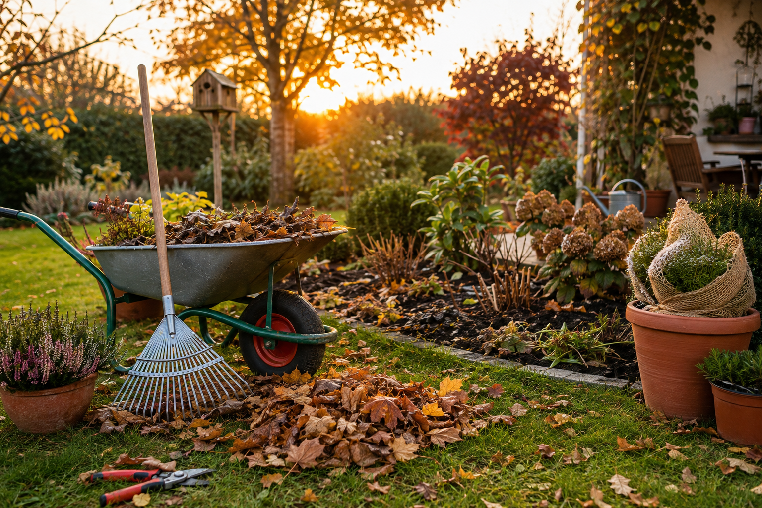 Garten für den Herbst vorbereiten mit Laub, Rechen und Schubkarre