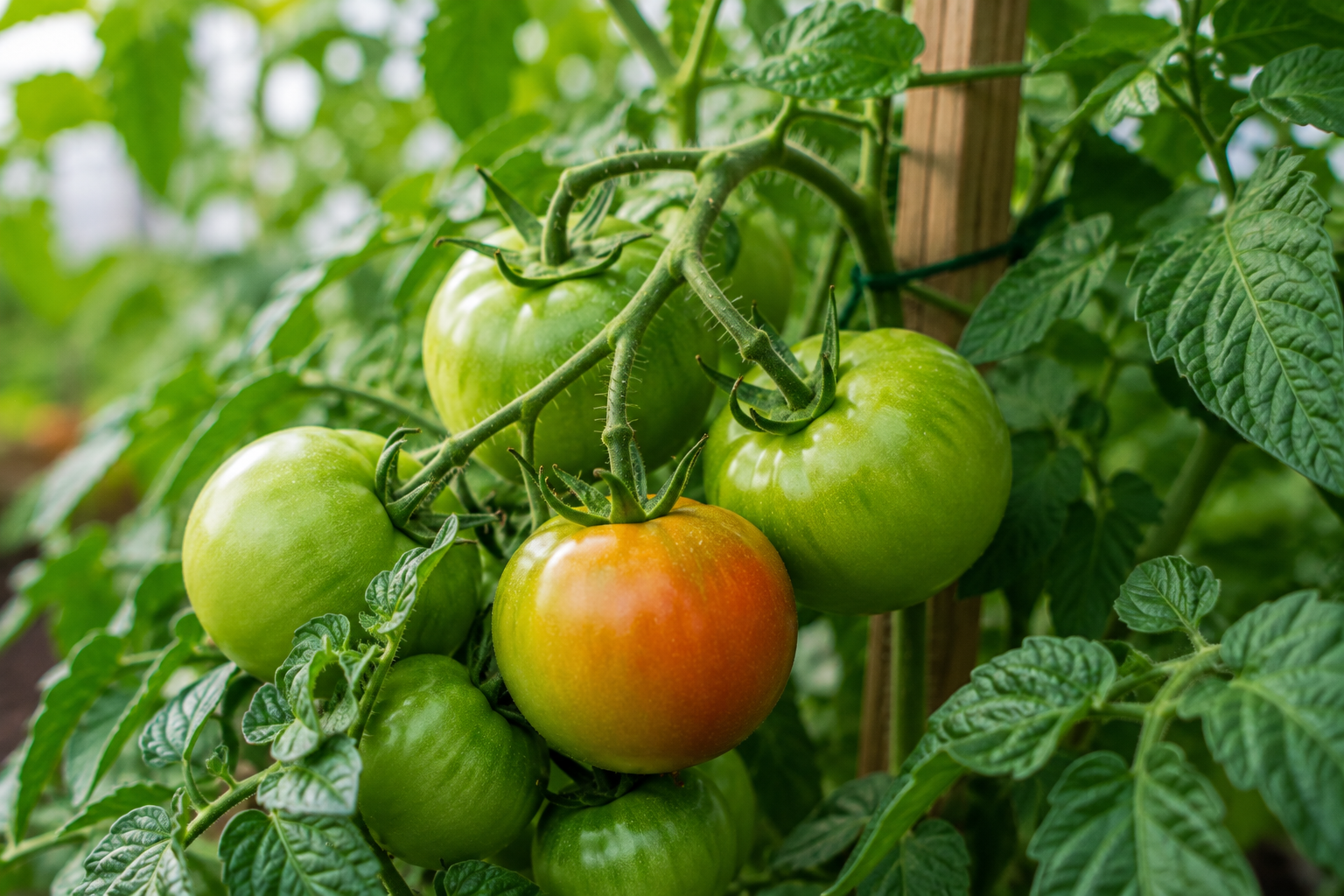 Grüne unreife Tomaten an einer Tomatenpflanze