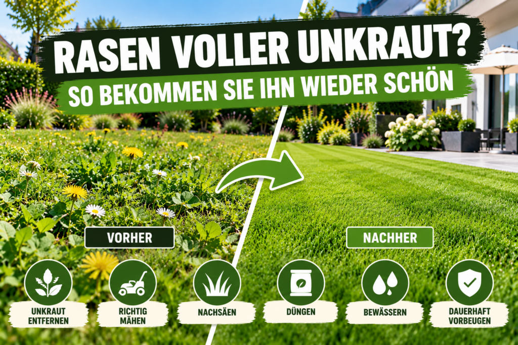 Rasen voller Unkraut – vorher und nachher